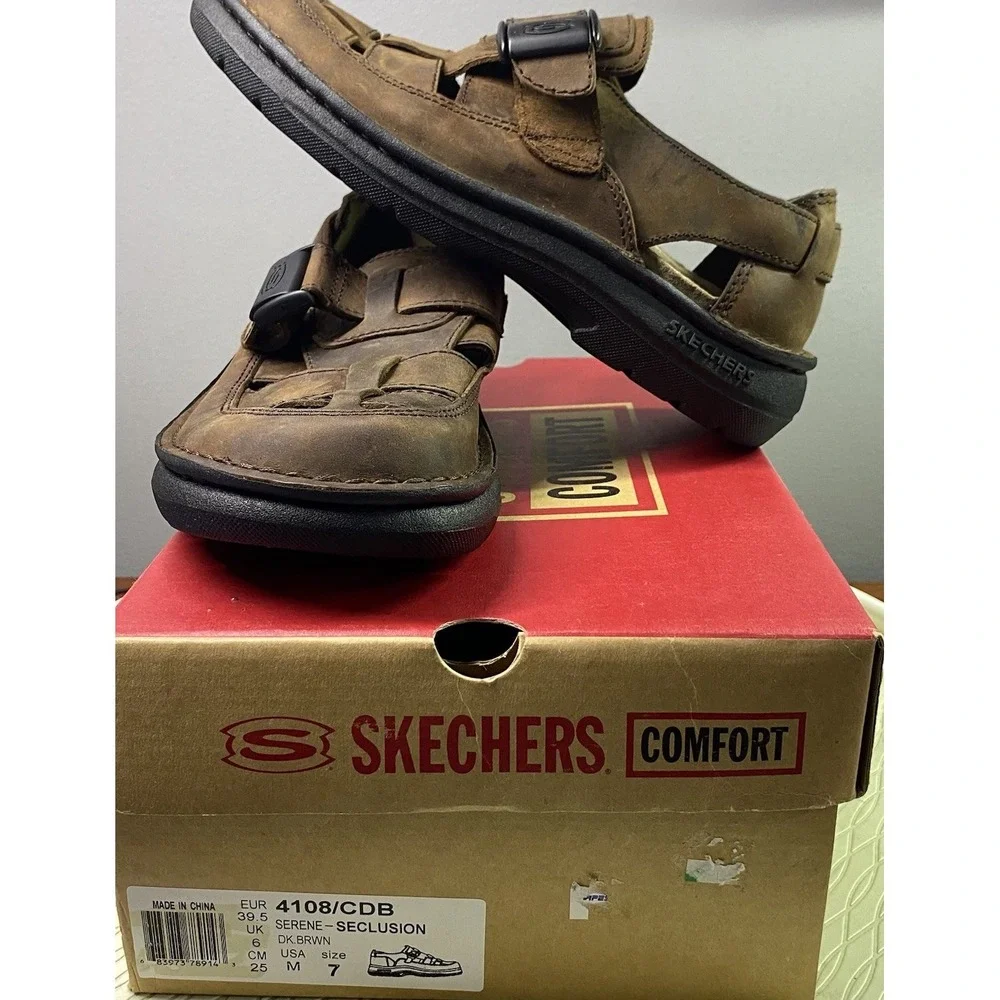 Skechers Serene Seclusion Men's Brown Leather Sandals Casual/Comfort‎ Sz.7 NWB